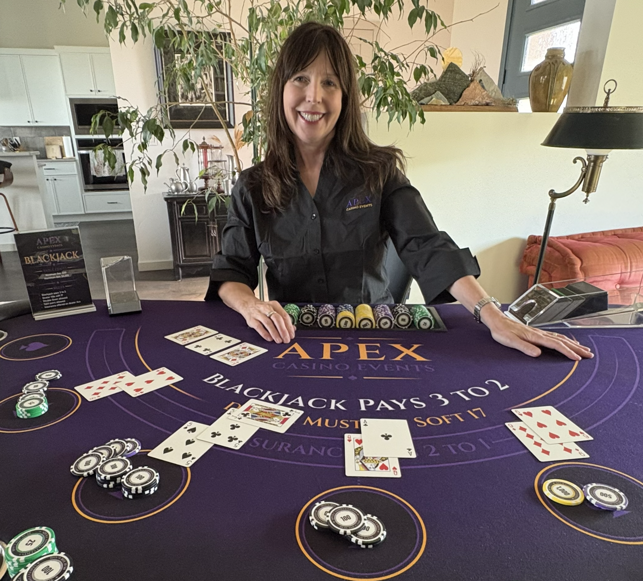 Pamela dealing Blackjack at an Apex Casino Events table